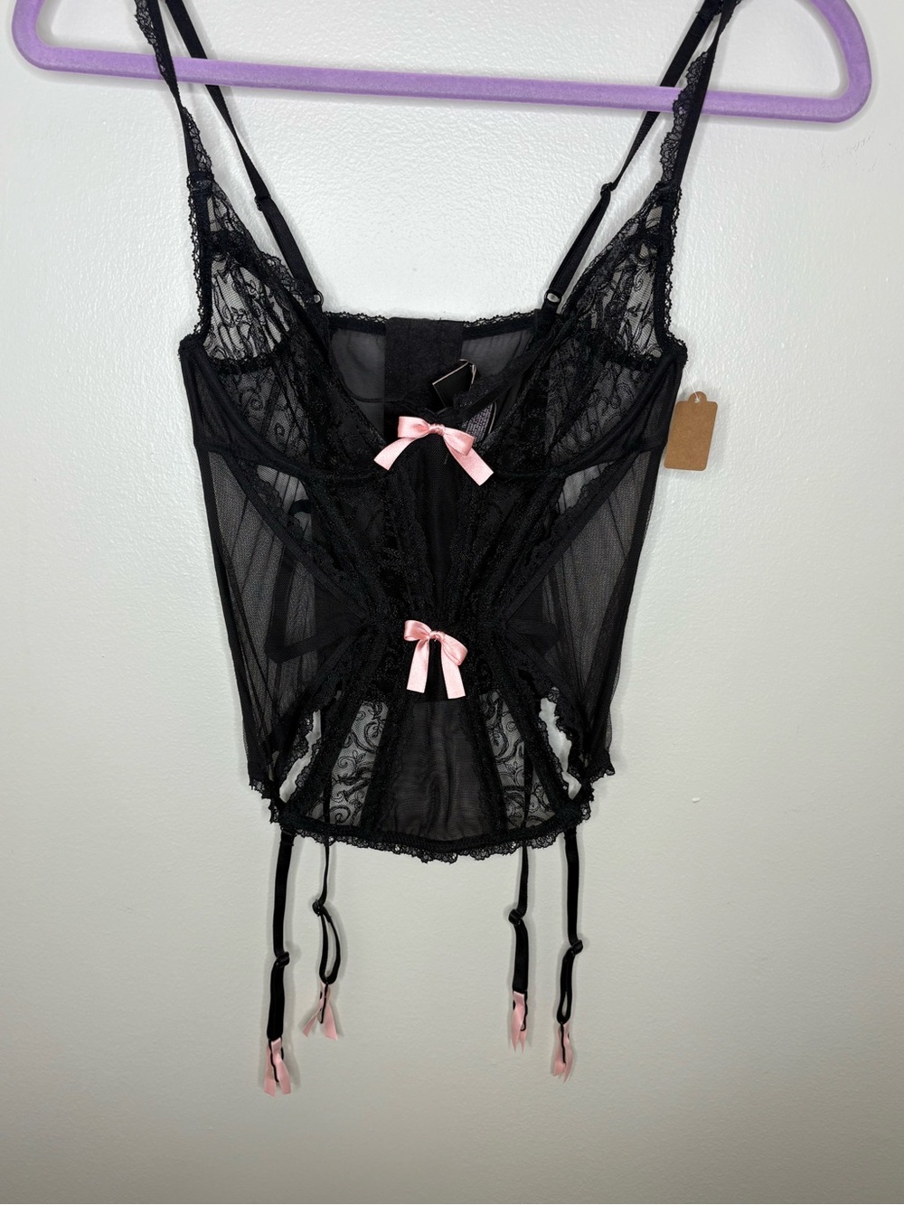 Victoria's Secret Black Lace Bustier with Pink Ribbon Accents